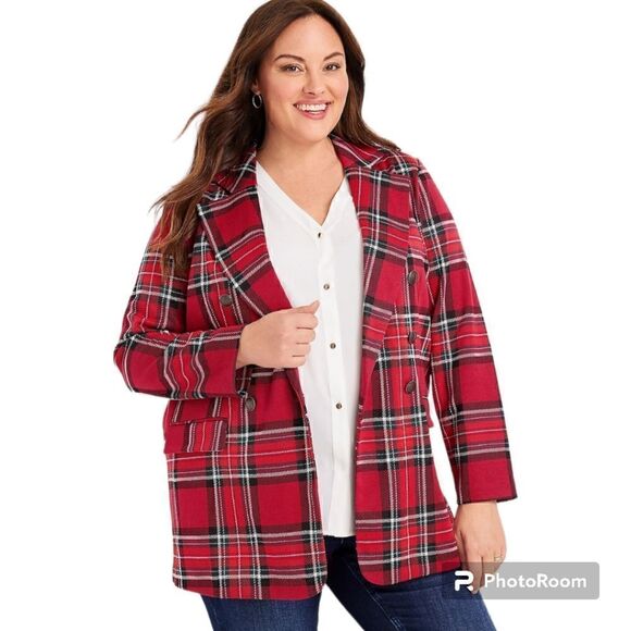 4X Red Plaid Plussize Blazer Stretch Tartan Boyfriend Fit Longline Oversized but - Picture 1 of 8
